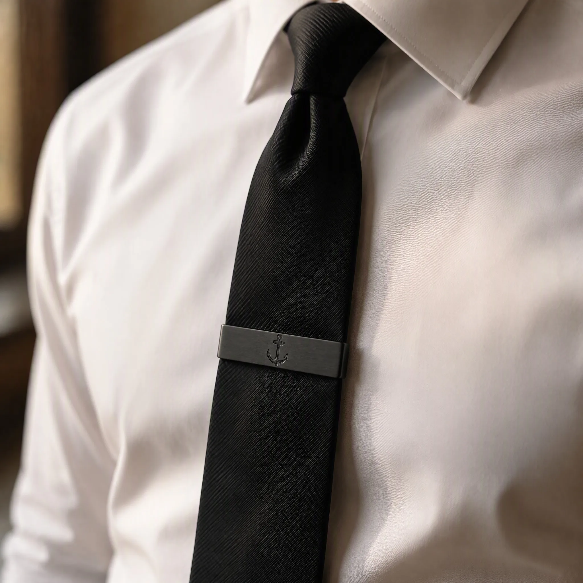Laser engraved tie clip worn on black silk tie