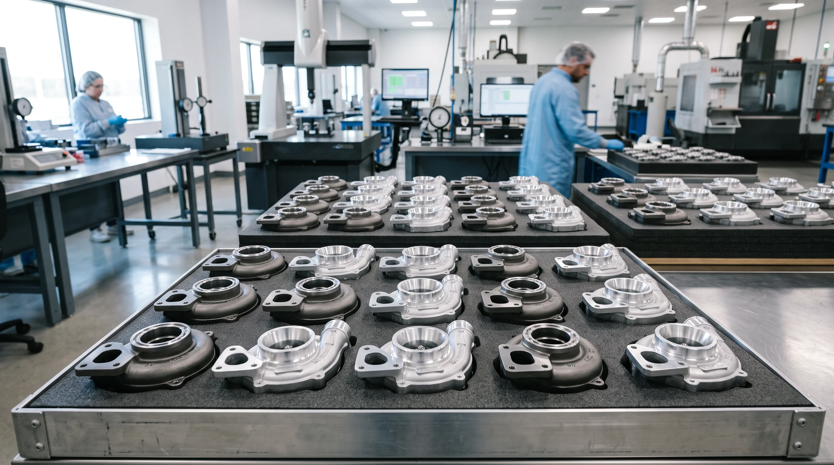 Array of finished CNC machined turbocharger turbine and compressor housings
