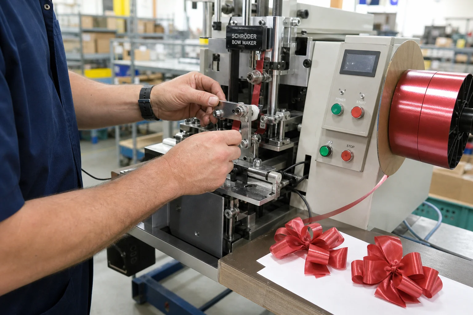 Maintenance technician adjusting tension guide on automated ribbon bow machine with ribbon roll and test bows visible