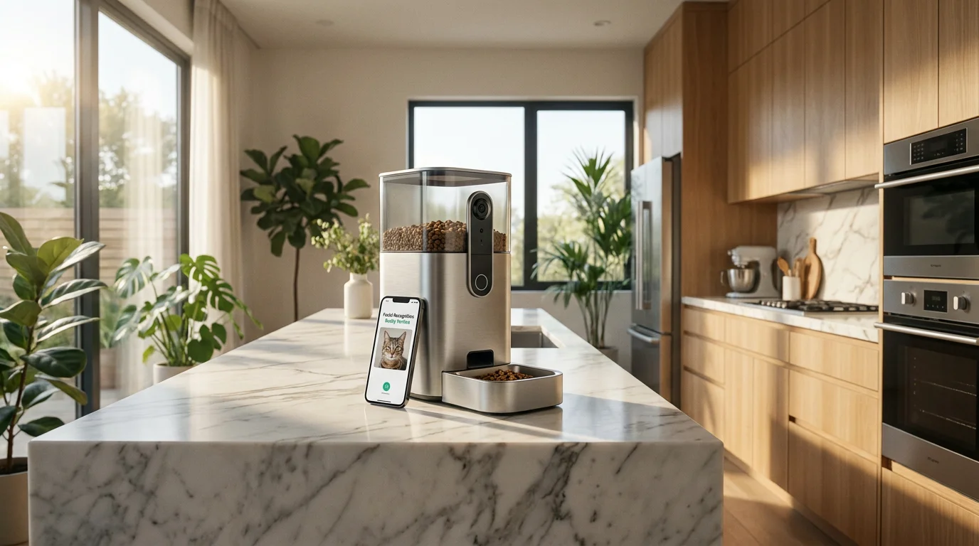 Sleek 4K AI Smart Pet Feeder in a modern kitchen