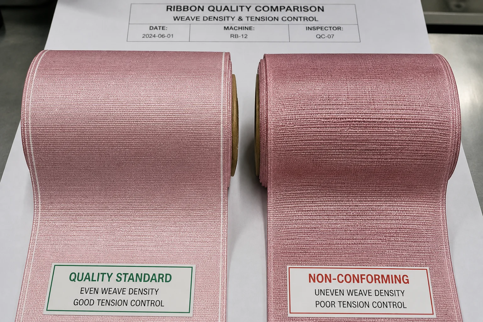 Quality comparison of good vs poor ribbon tension control showing uneven weave density