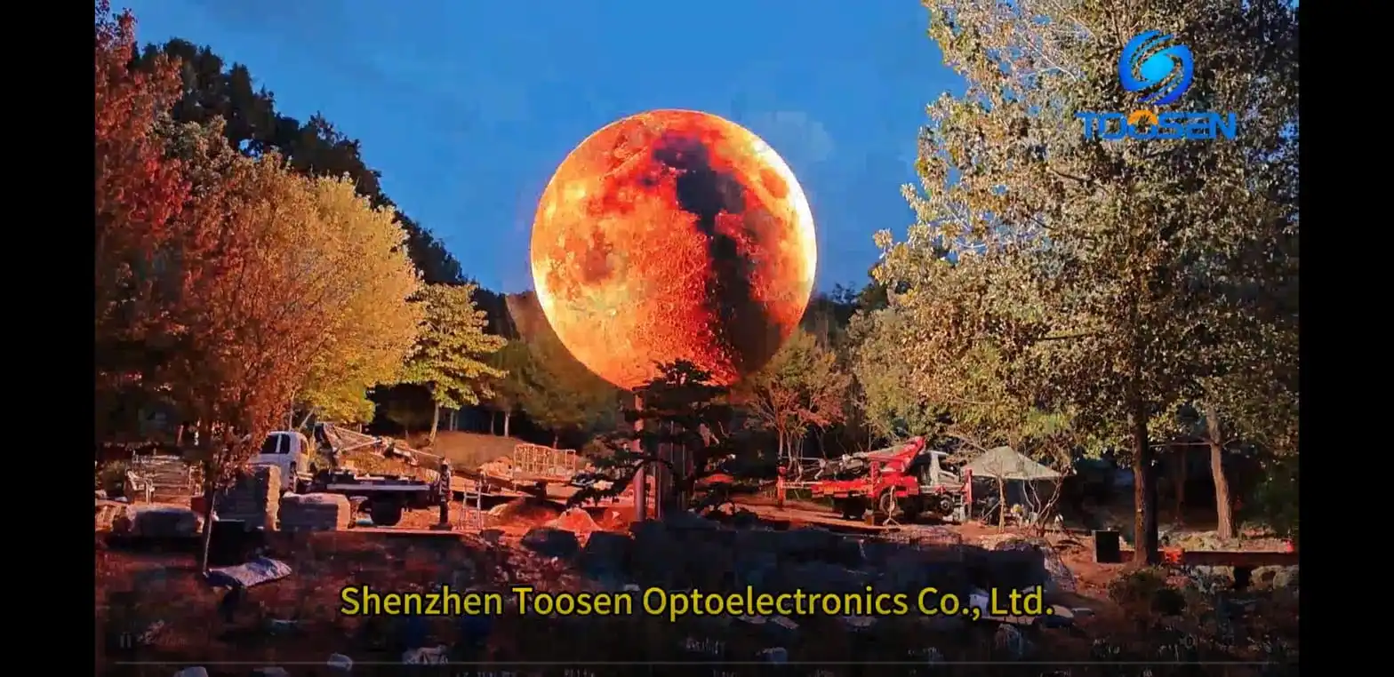 TOOSEN outdoor LED sphere displaying moon surface at night — IP65 protection and high contrast for all-conditions viewing