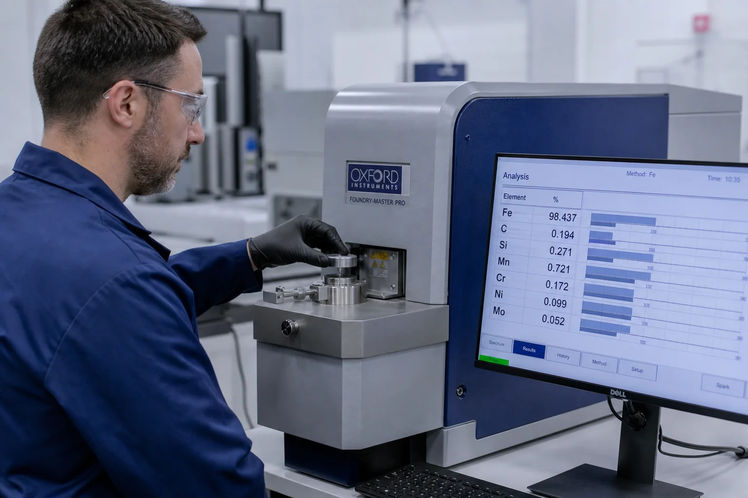 Materials lab quality technician operating precision Optical Emission Spectrometer OES