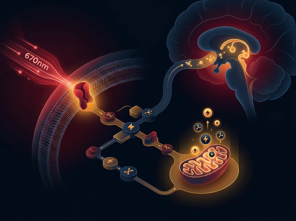 Scientific infographic showing the biological pathway from 670nm light to ATP and melatonin production