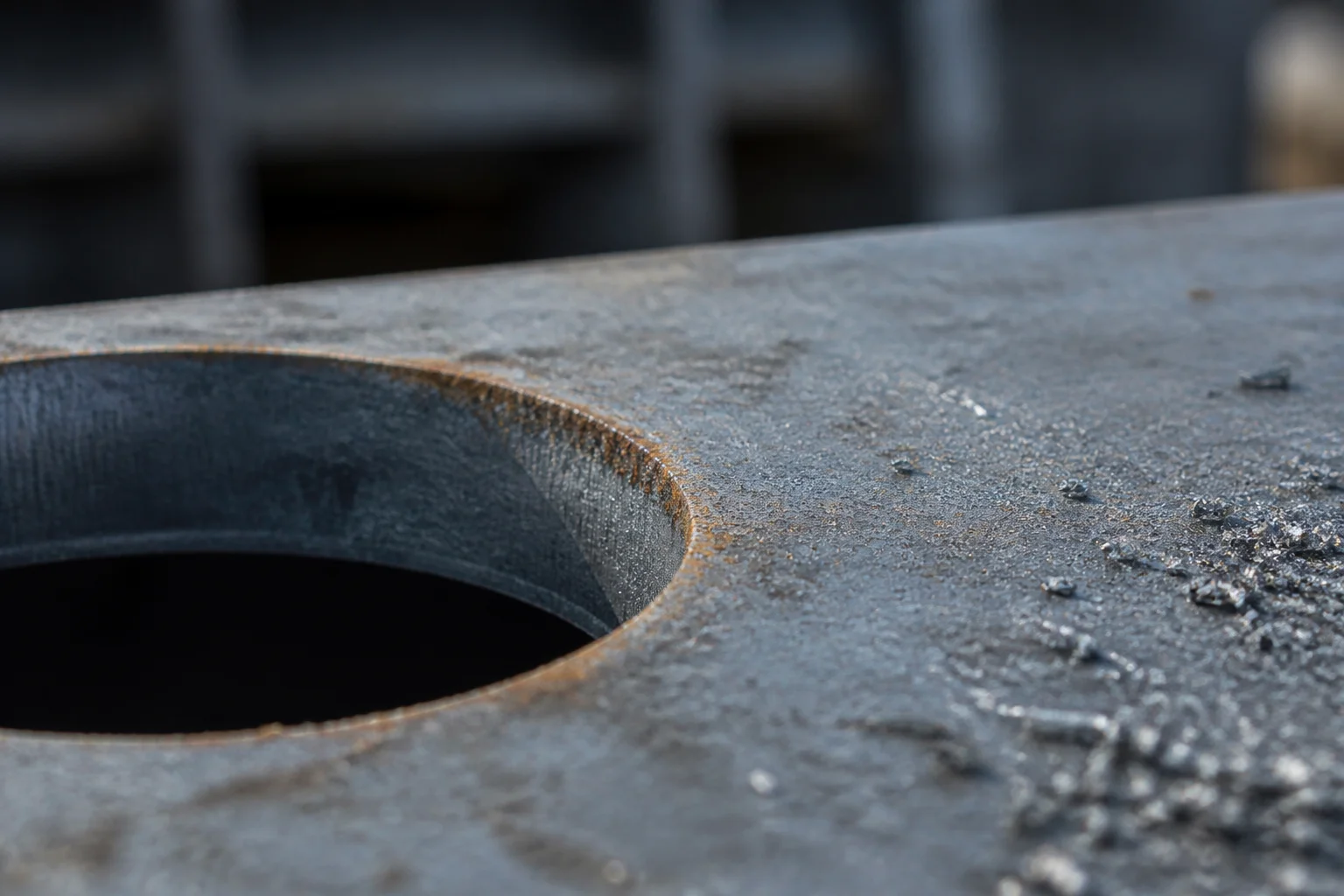 Macro view of a drilled hole edge in thick steel plate with mill scale and a rust bloom