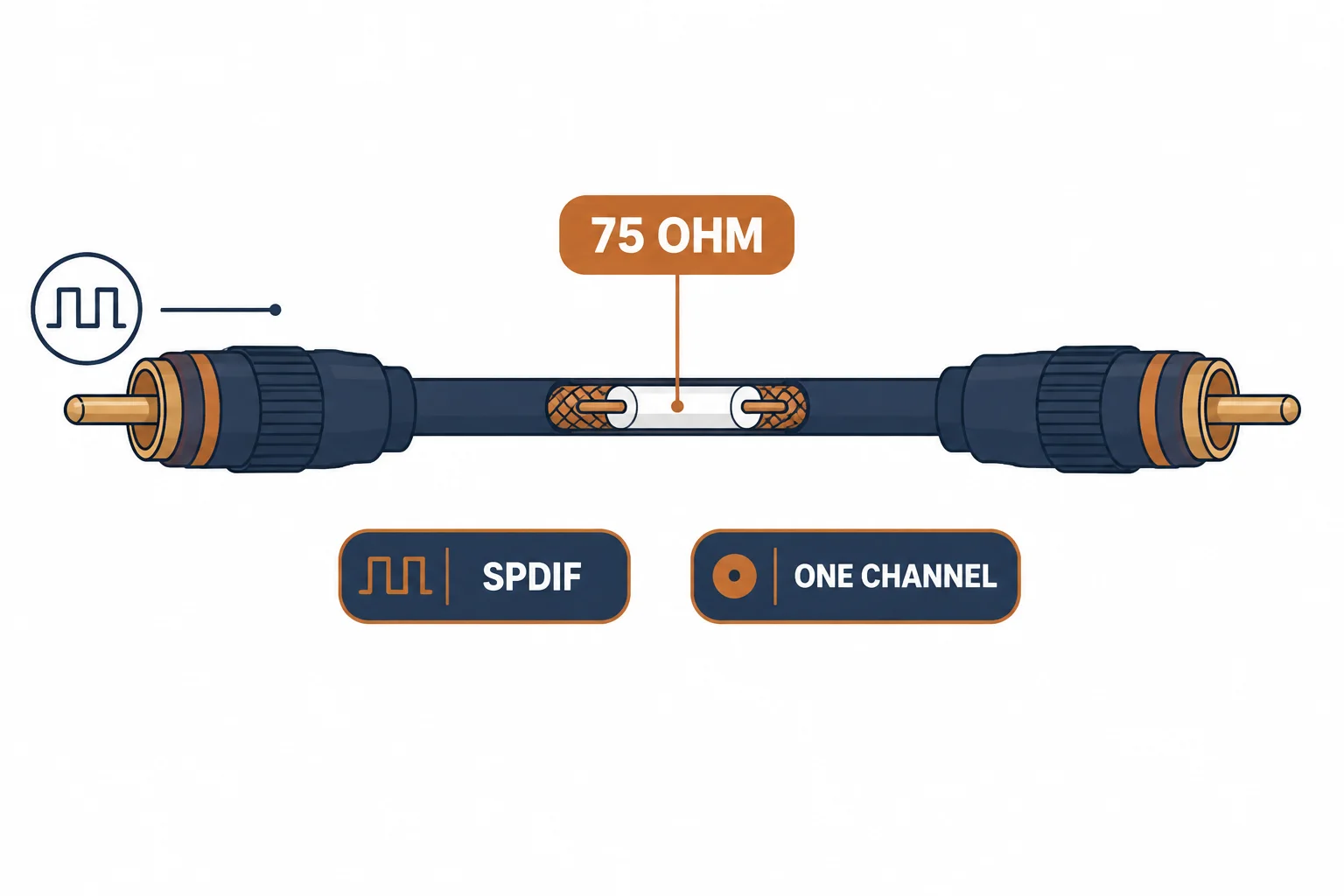 Digital coaxial RCA cable with 75 ohm callout and S/PDIF label