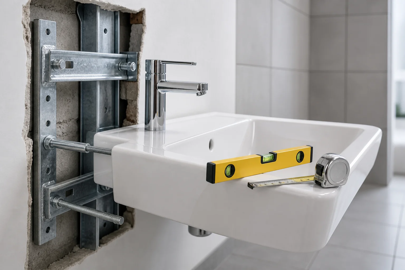 White wall-hung ceramic basin partially mounted ahead of a galvanized steel in-wall carrier bracket with a spirit level and tape measure