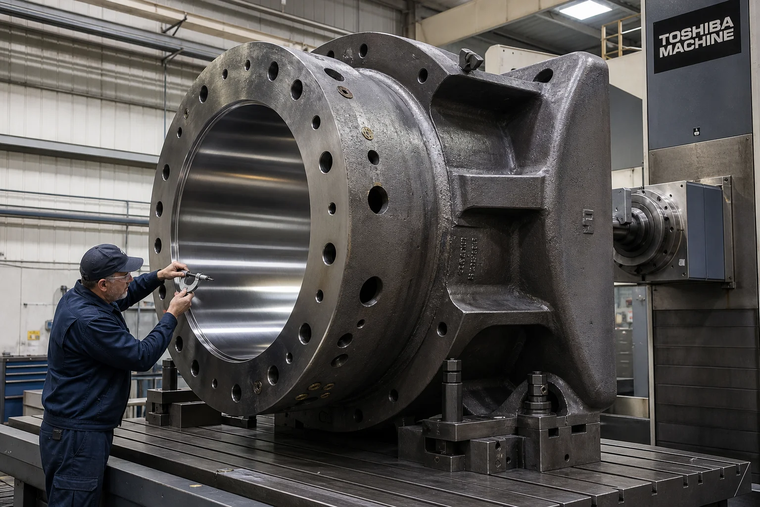 Massive cast steel ball mill trunnion hub casting on horizontal machining center