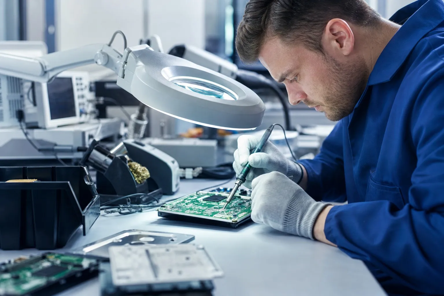 Repair and rework bench with technician repairing a board