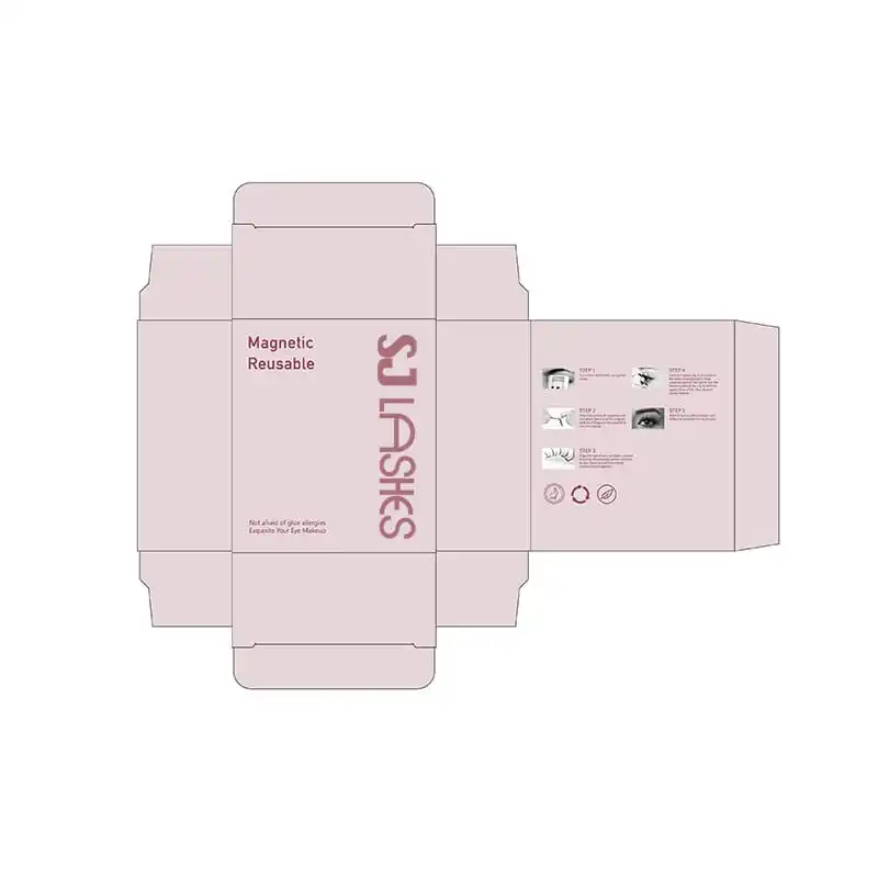 Packaging dieline template showing the folding carton panel structure with front panel brand artwork, back panel four-step instruction block and tuck flaps - magnetic lash box dieline