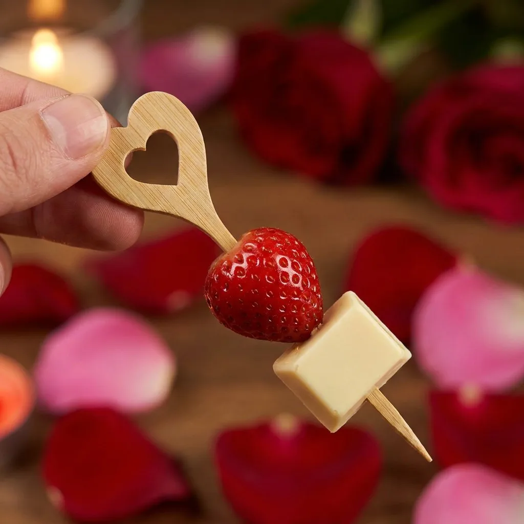 Heart shaped bamboo pick skewered through fresh strawberry and white chocolate with rose petals background