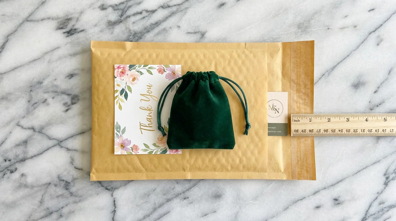 A slim bubble mailer with a luxury velvet pouch and a thank-you note, illustrating low-profile shipping.