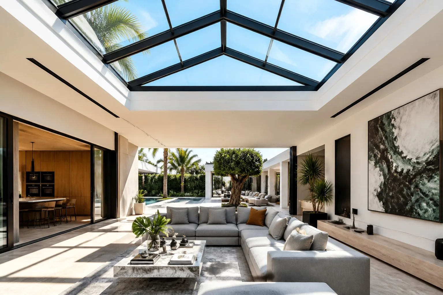 Luxury villa interior with overhead aluminum skylight natural daylight tropical plants