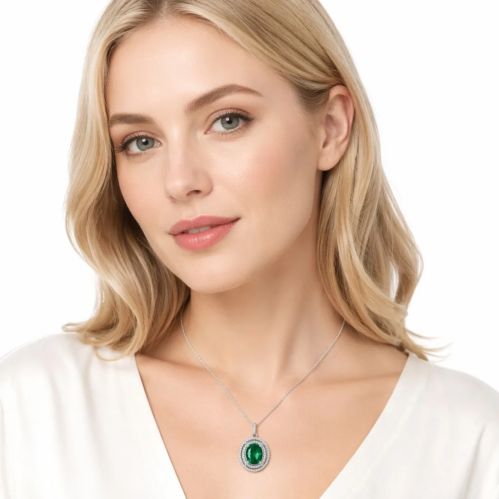 Oval Emerald Double Halo Luxury Link Chain Pendant Necklace 925 Sterling Silver Gold Plated Gemstone Jewelry Women Wedding Gift