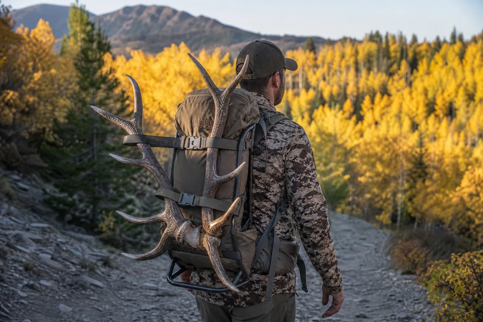 info-1-1 Hunter walking a trail with a heavy frame hunting backpack carrying elk antlers secured on the external frame with straps