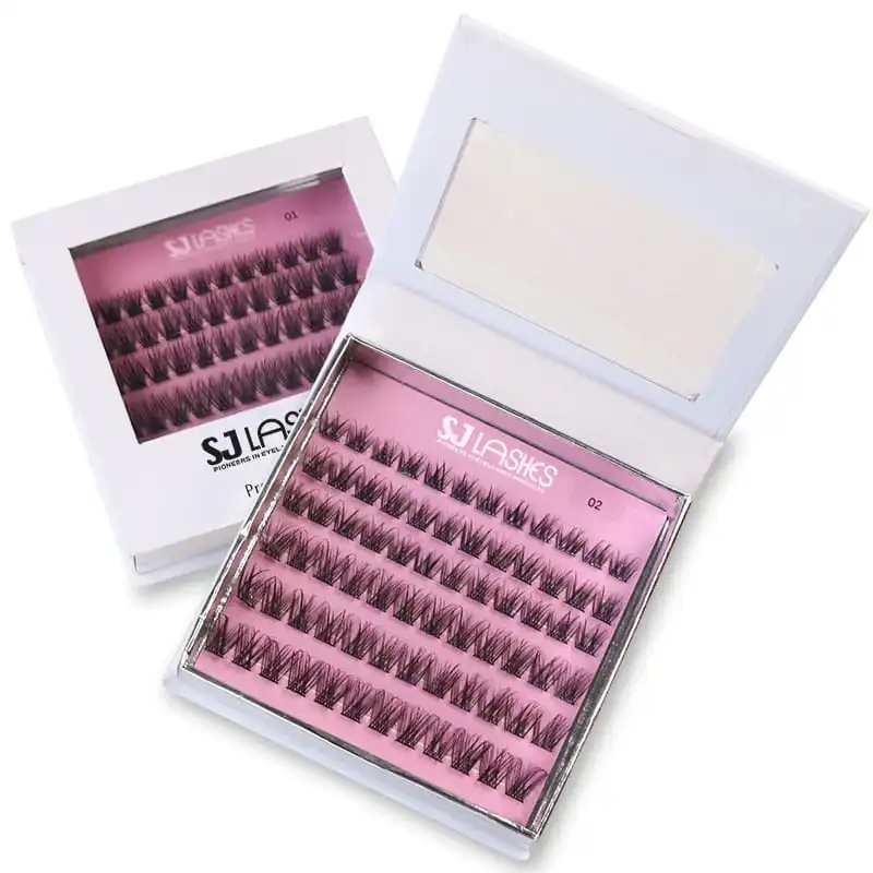 White flip top lash cluster box shown closed marked 01 and open marked 02 reveal a pink interior card holding five rows of wispy clusters - lash cluster box open and closed