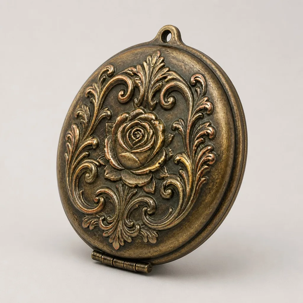 Embossed rose scrollwork on antique bronze makeup mirror