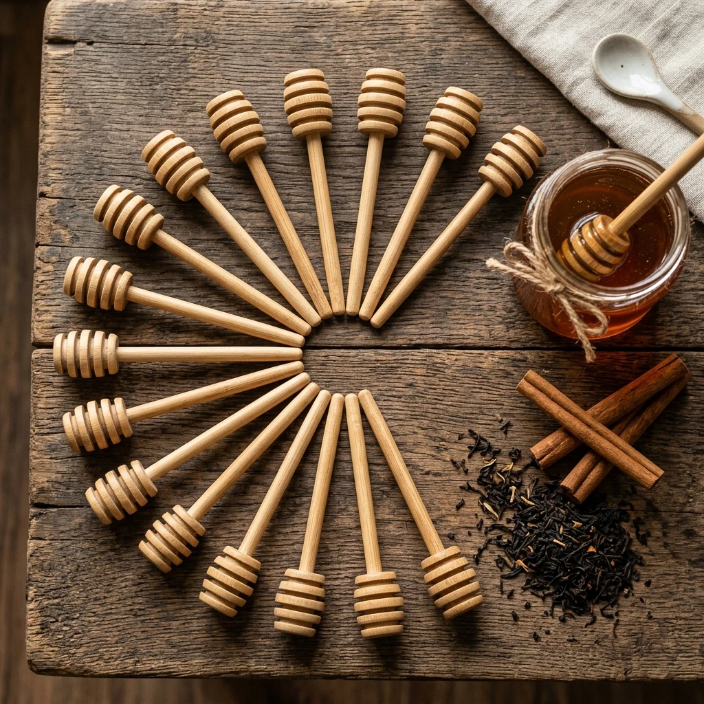 Natural bamboo honey dipper sticks fanned out in radial pattern with honey jar and tea leaves
