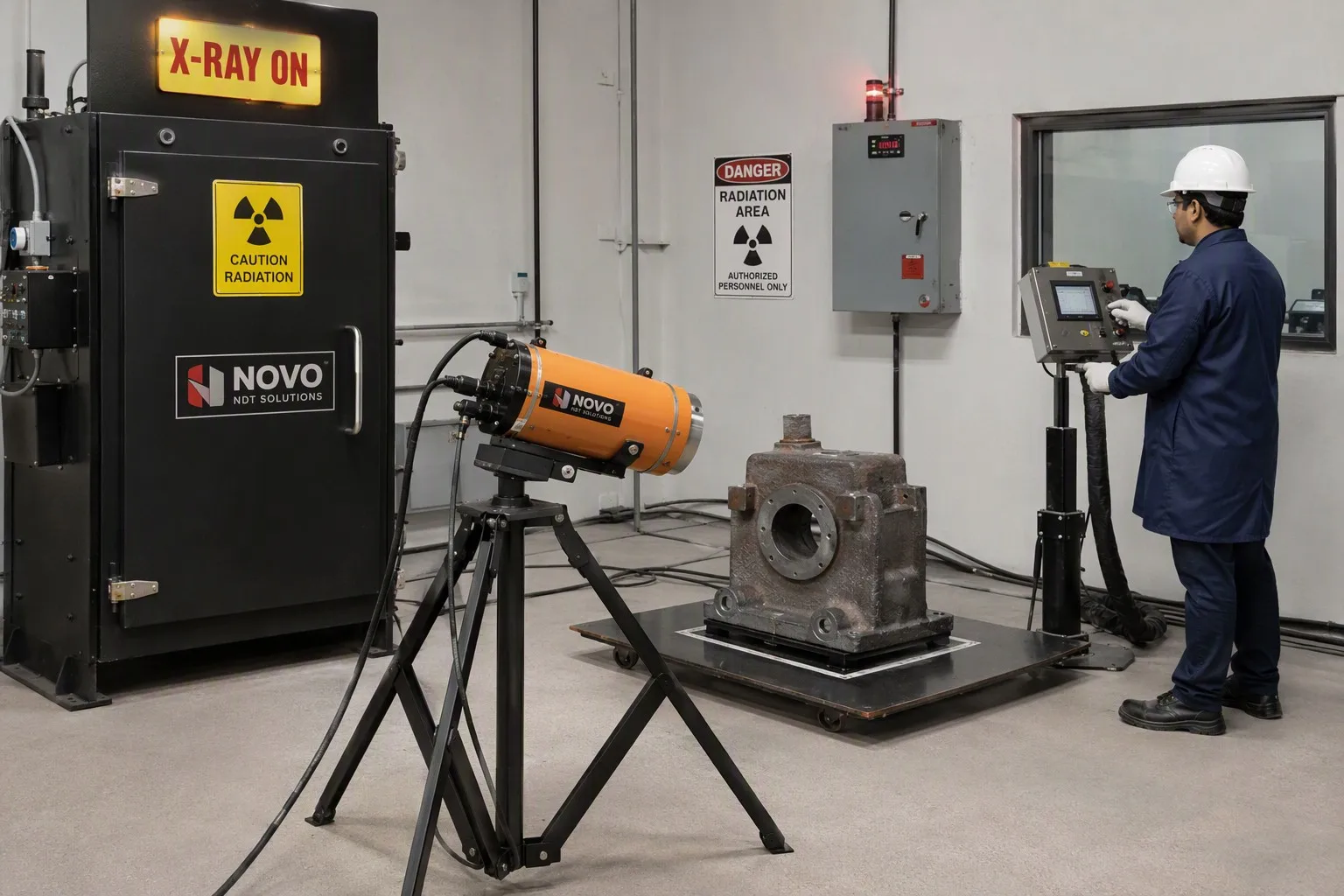 Industrial X-ray radiographic testing (RT) of metal castings with safety shielding