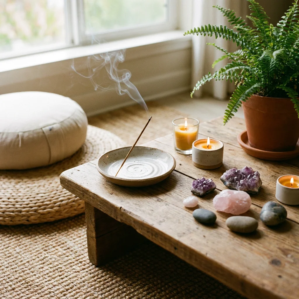 Coin méditation zen avec porte-encens céramique, pierres naturelles et bougies