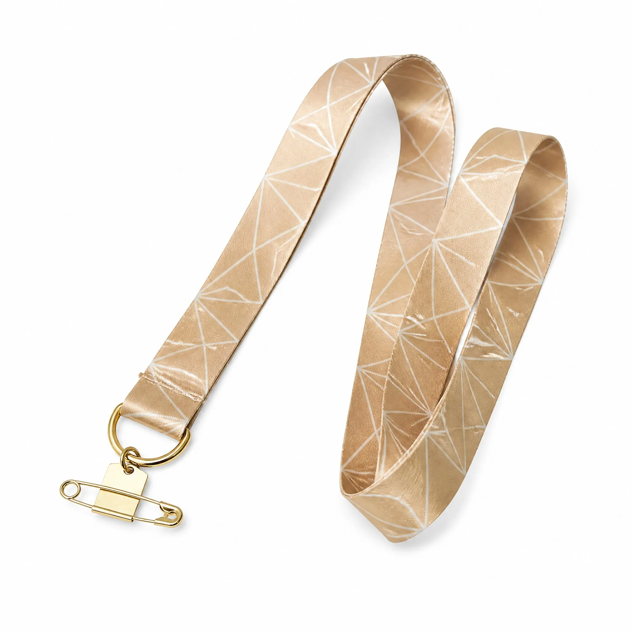 Custom satin lanyard with gold safety pin badge holder on pure white background