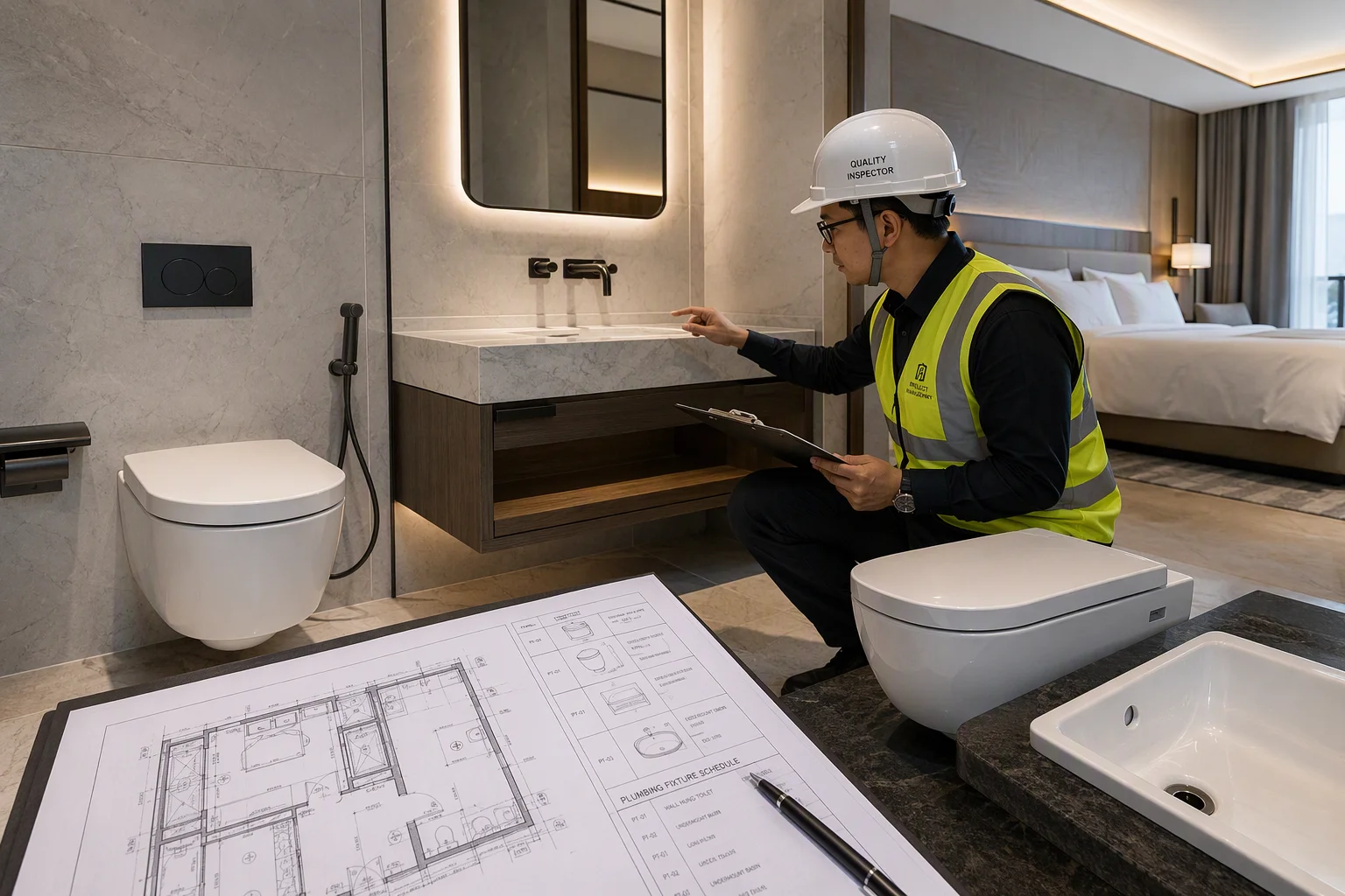 info-1-1 Figure 1: Commercial Luxury Hotel Mock-Up Guestroom Architectural Submittal and Plumbing Fixture Inspection.