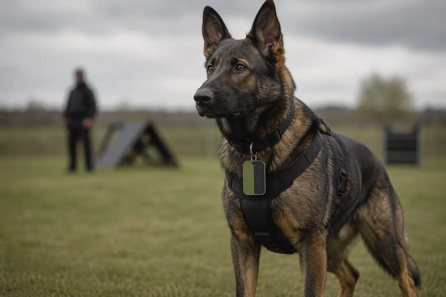 Working German shepherd wearing olive black K9 pet tag