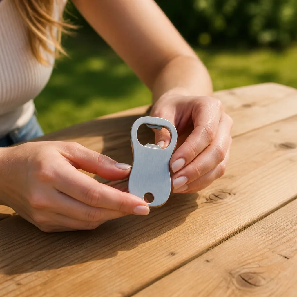 Person picking up outdoor bottle opener at outdoor table