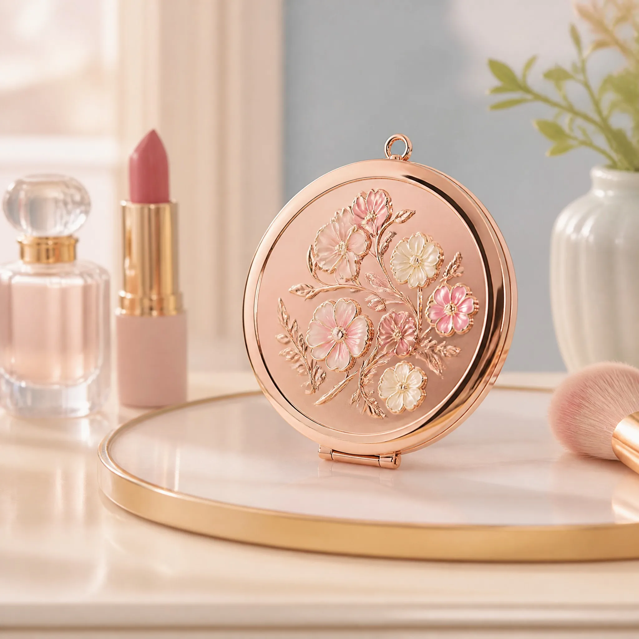 Makeup mirror on vanity table
