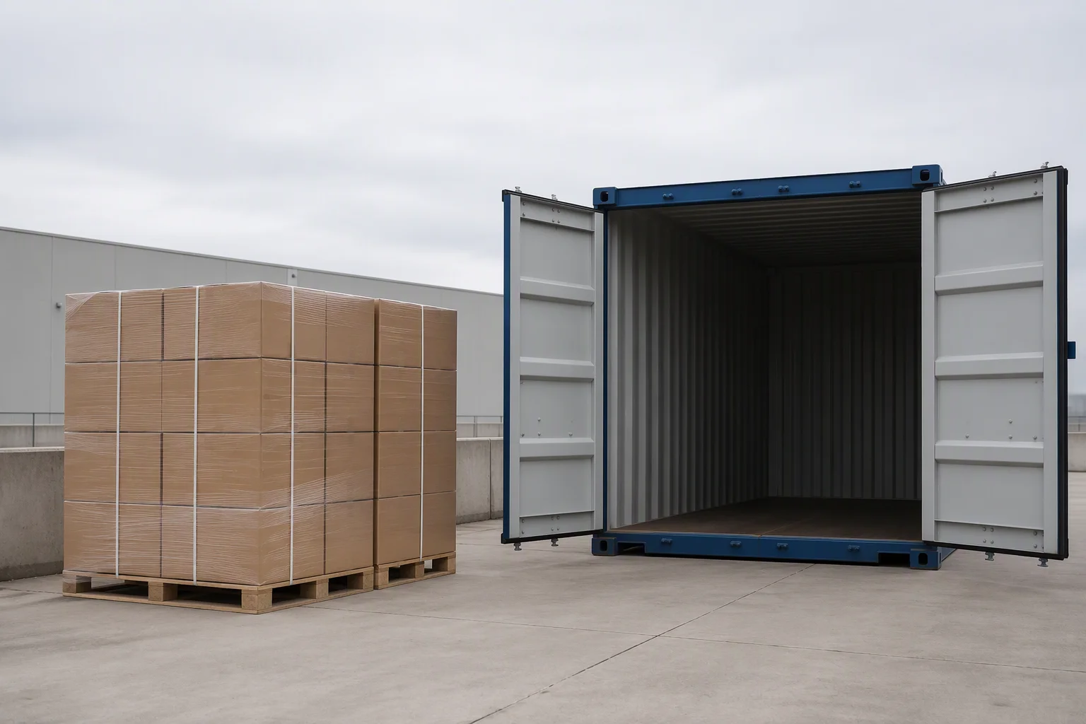 Open 20-foot shipping container with palletised cartons awaiting loading at an export terminal