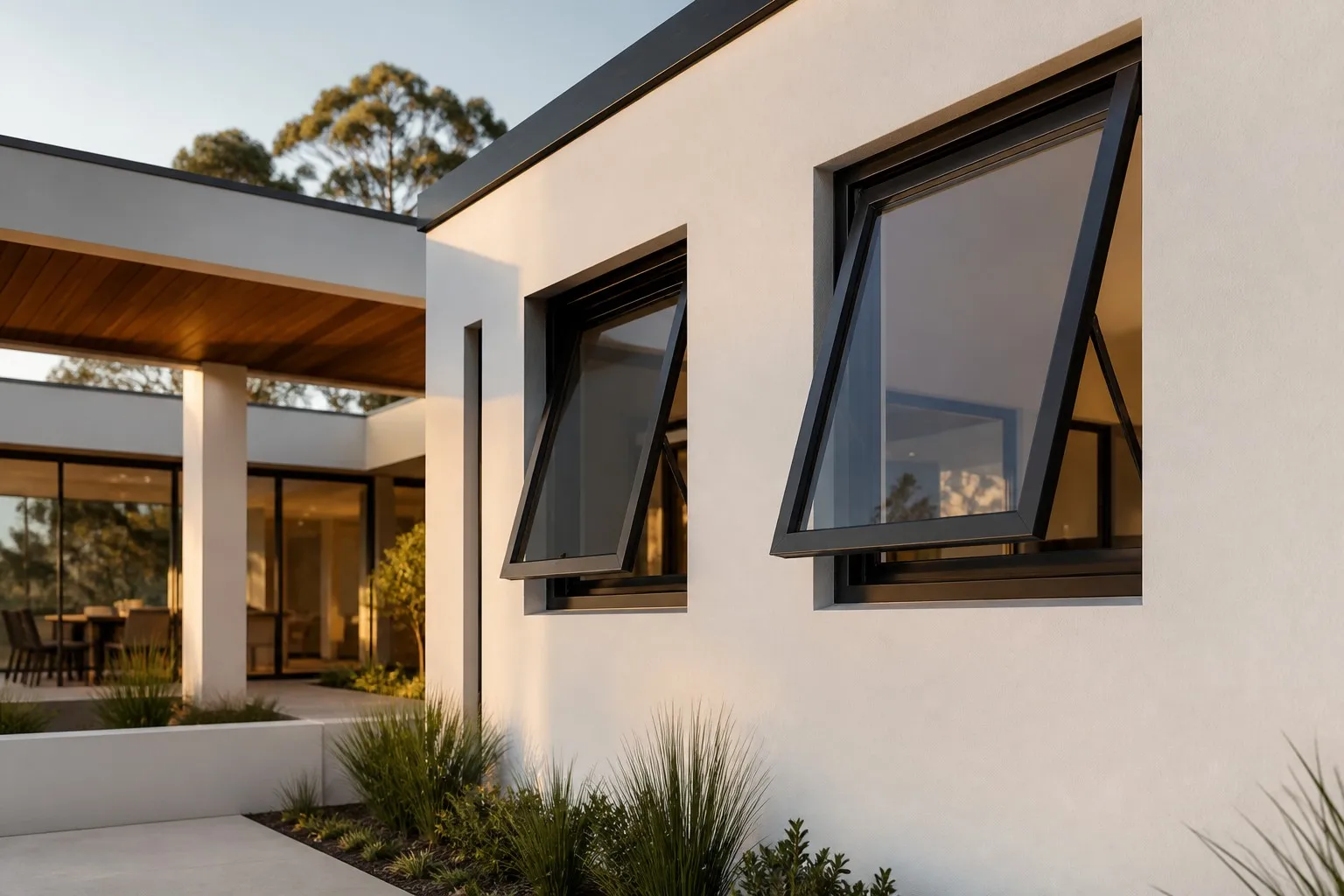 Luxury modern villa exterior with black aluminum glass awning windows open for ventilation