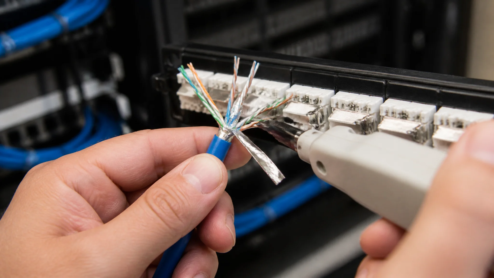Technician terminating shielded cable into a patch panel