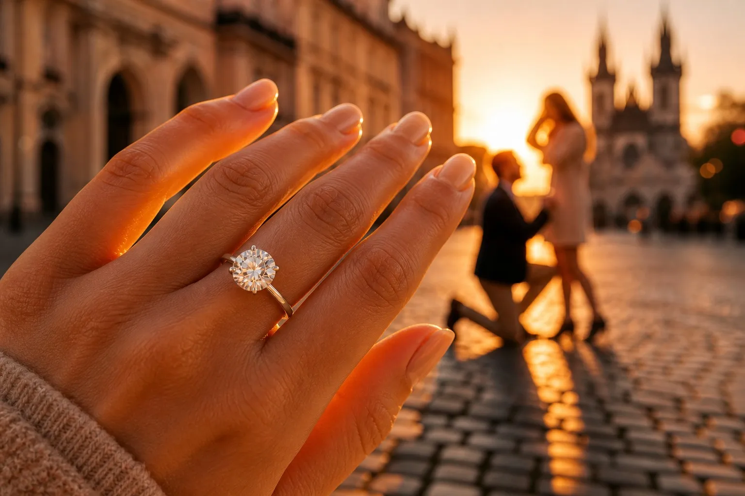 Romantic fall proposal in a European square with a 2.5-carat round brilliant lab-grown diamond ring