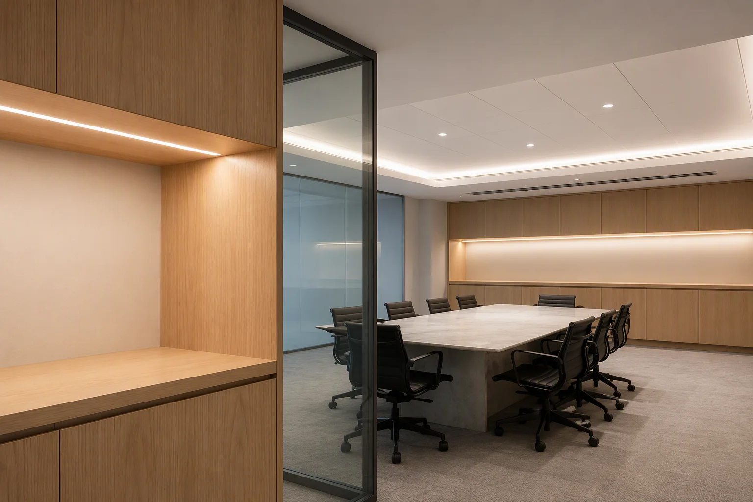 COB LED strips integrated into office millwork, a meeting-room ceiling cove, and storage wall
