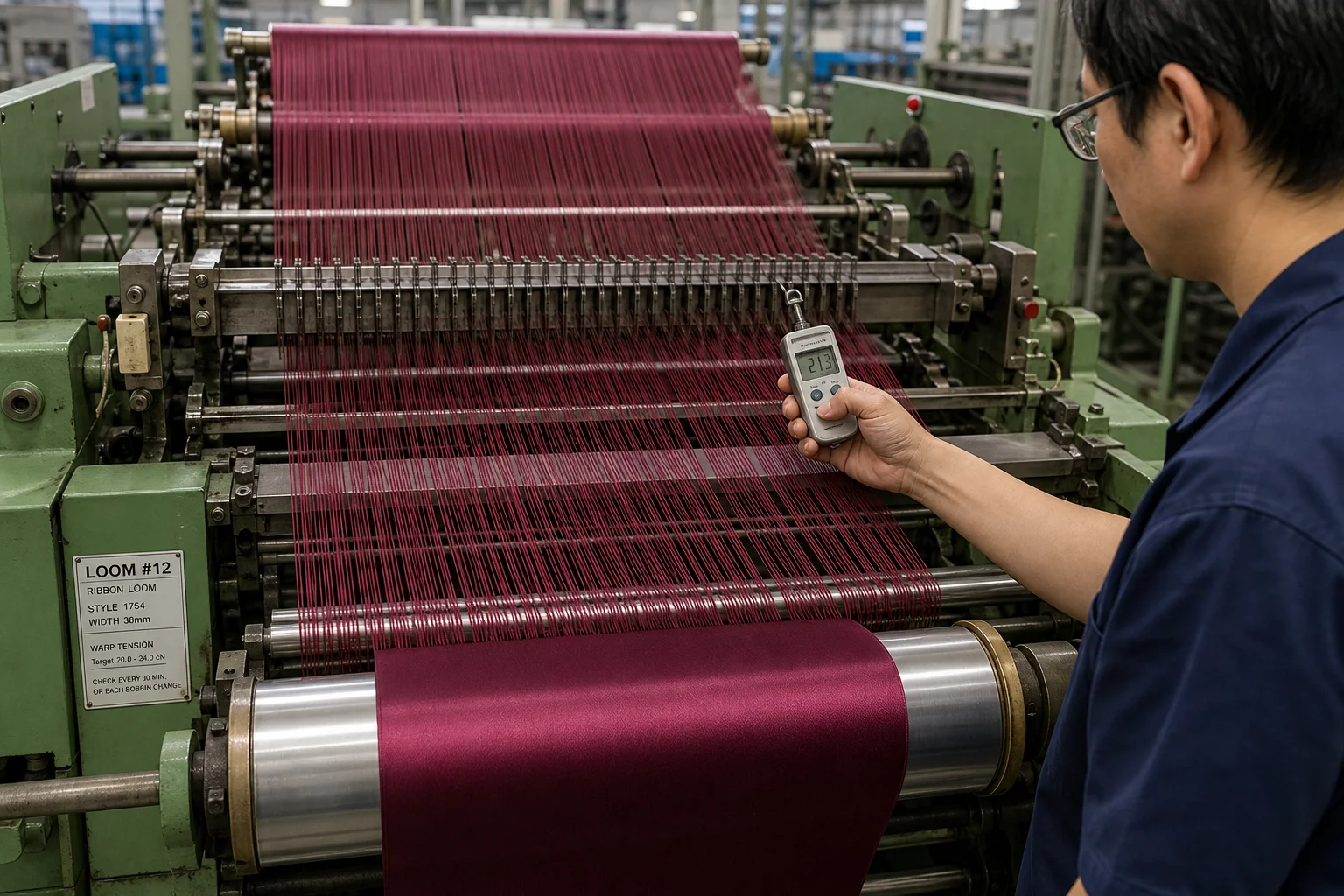Ribbon weaving loom warp tension system with technician performing tension gauge check