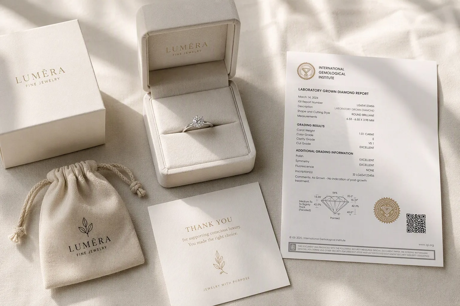 Luxury sustainable jewelry unboxing experience with lab-grown diamond ring