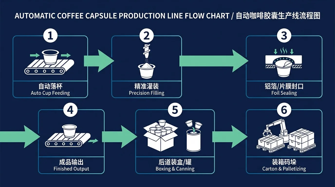KL-FJGZ六步灌装封口工作流程：自动落杯-精准灌装-铝箔片膜封口-成品输出-后道装盒罐-装箱码垛