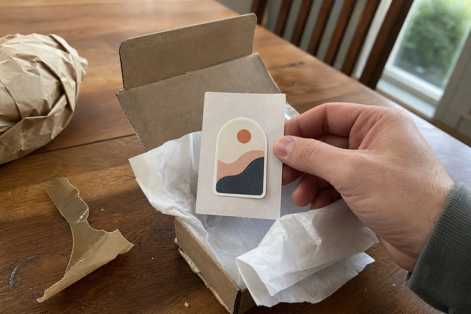 Hands lifting a sticker card out of an opened parcel during unboxing