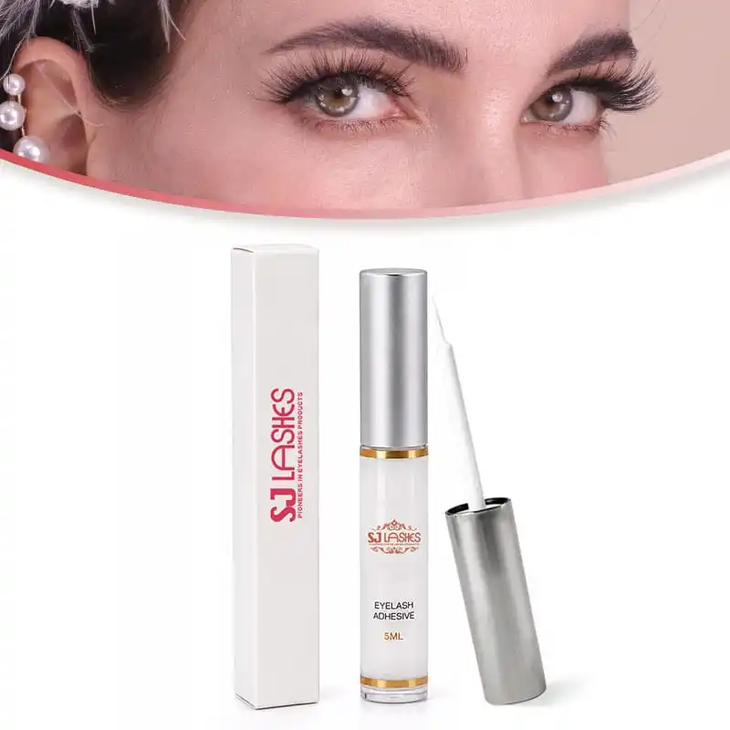 5ml eyelash adhesive with silver metallic cap, gold rings, gold flourish logo and white printed carton with pink logo - private label eyelash adhesive packaging