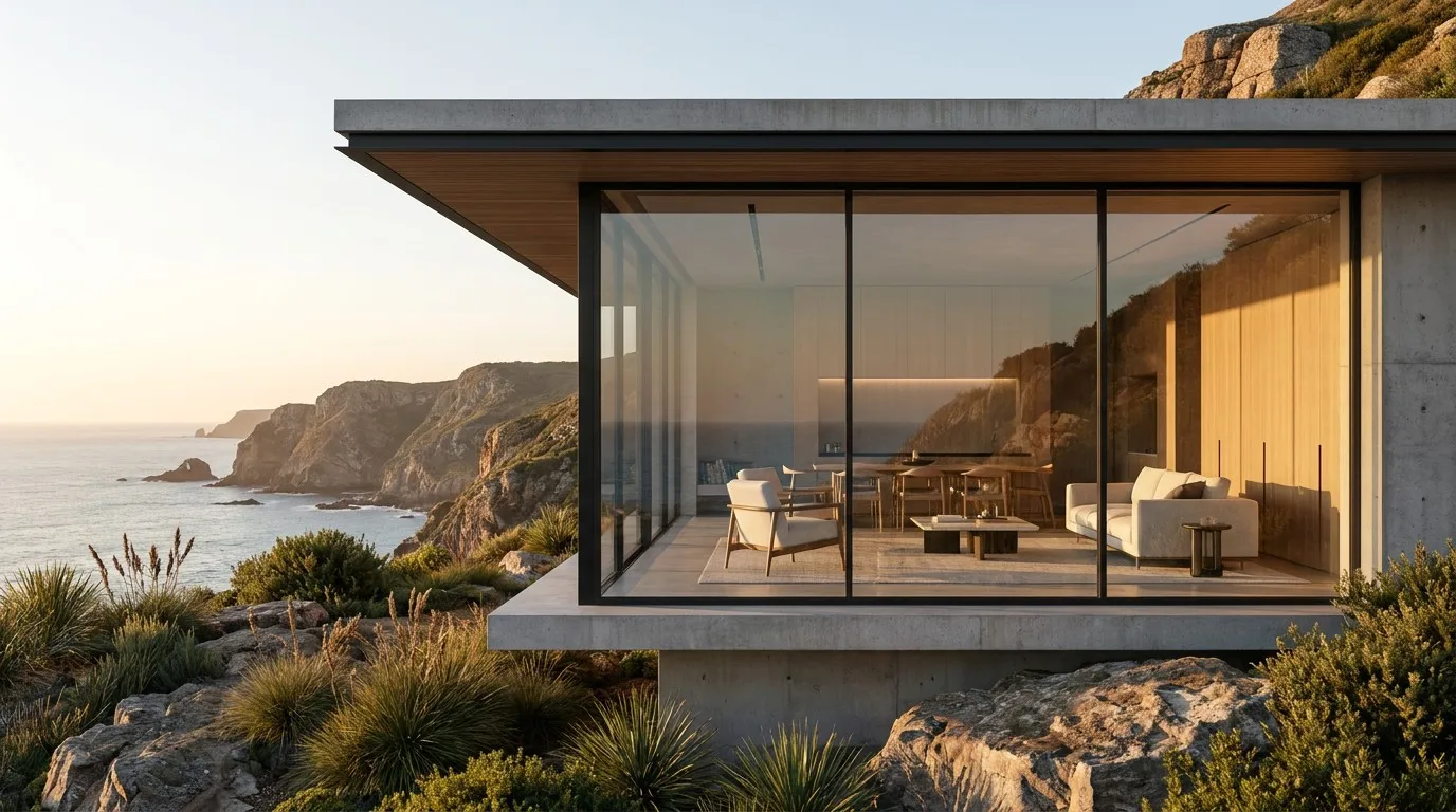 Luxury modern villa with panoramic aluminum picture window