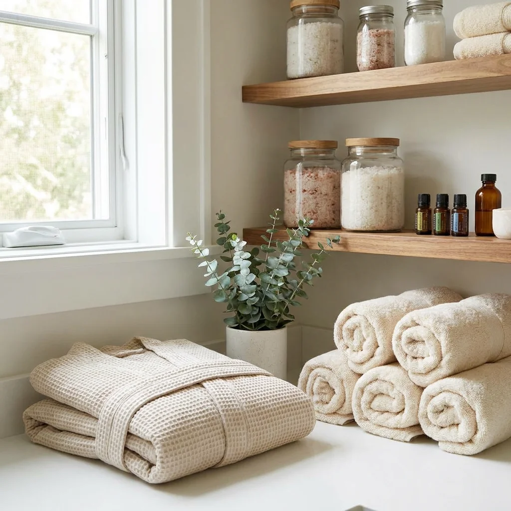 Salle de bain décorée style spa avec le peignoir gaufre et des produits de soin