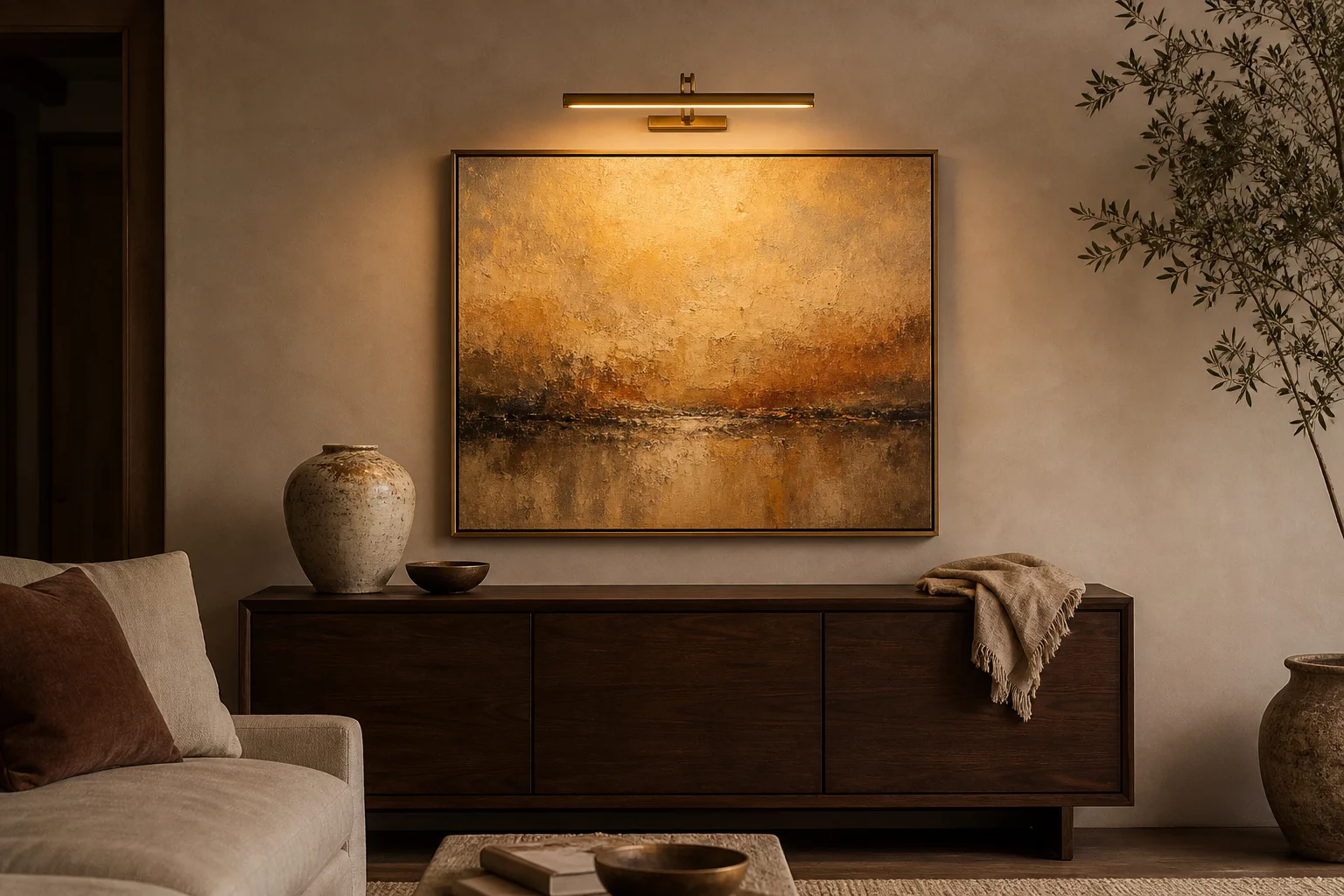 Antique brass wireless picture light mounted above framed abstract artwork in a contemporary living room