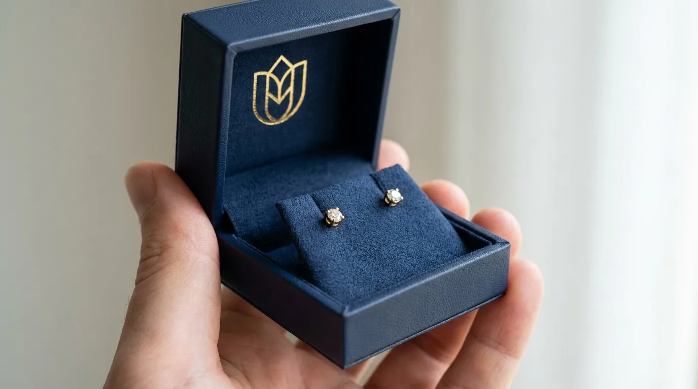 A premium 4x4cm navy blue small jewelry box held in a hand to show its compact scale.
