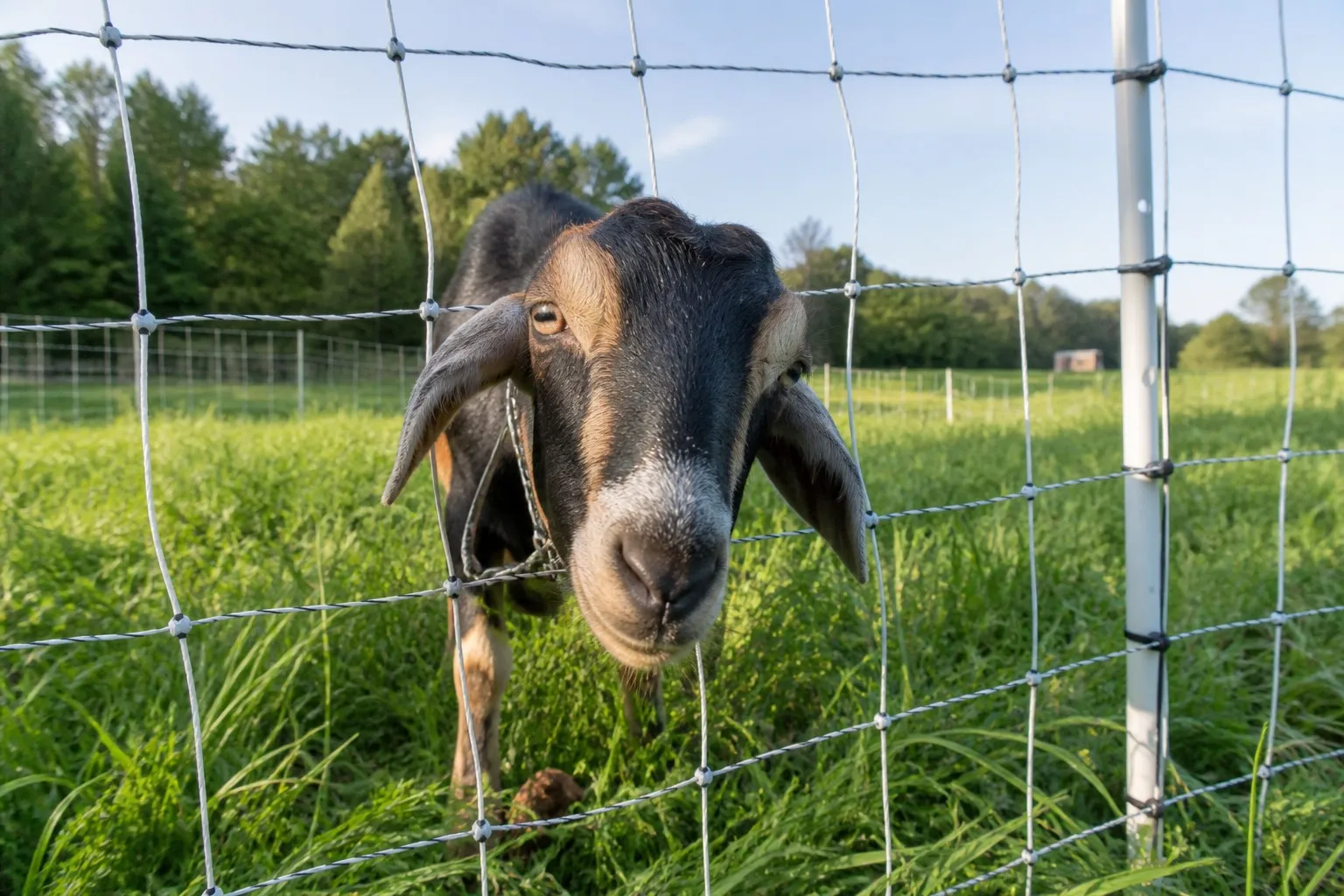 Goat testing portable electric netting in a grazing paddock