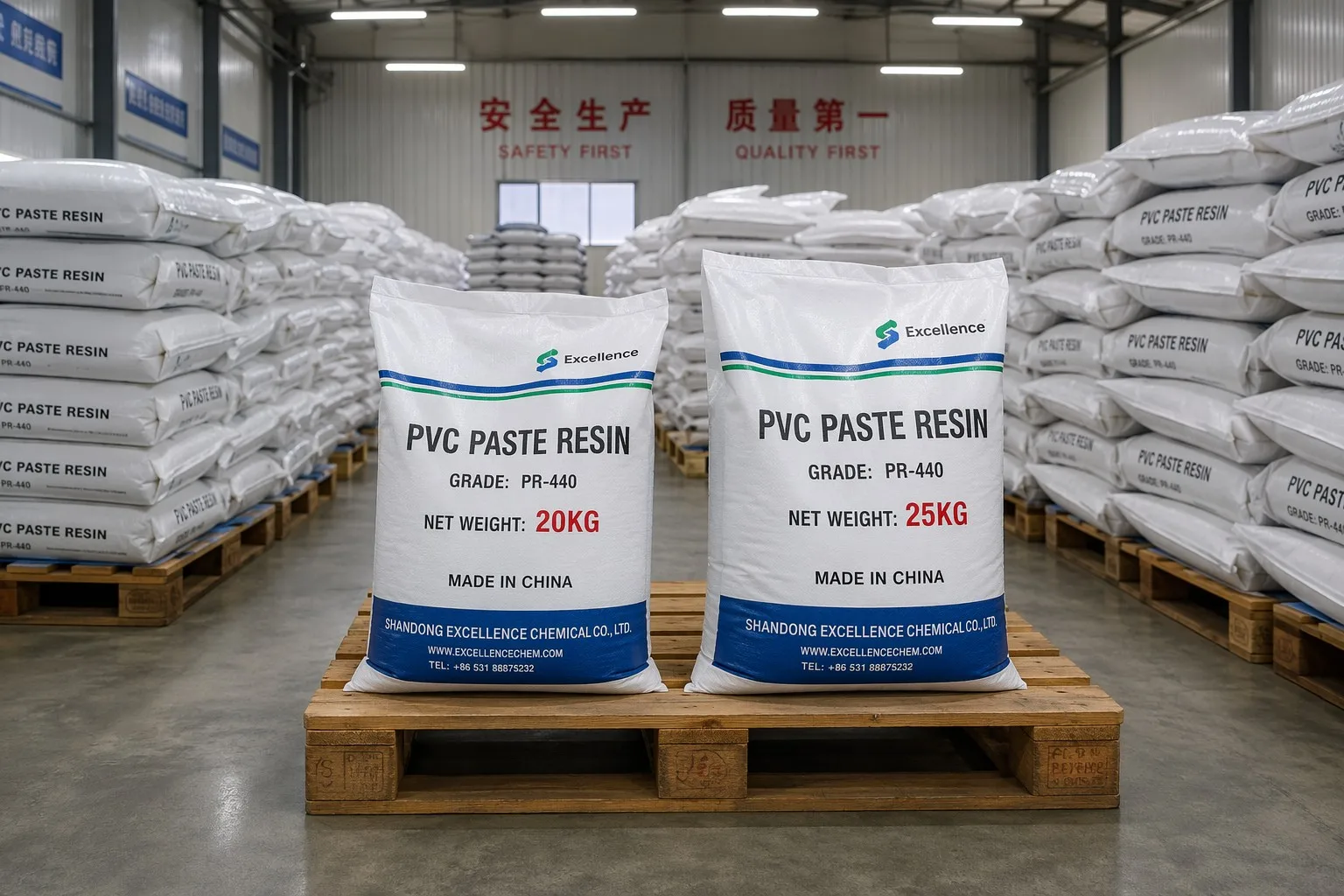 PVC paste resin 25kg PP woven bags on pallets
