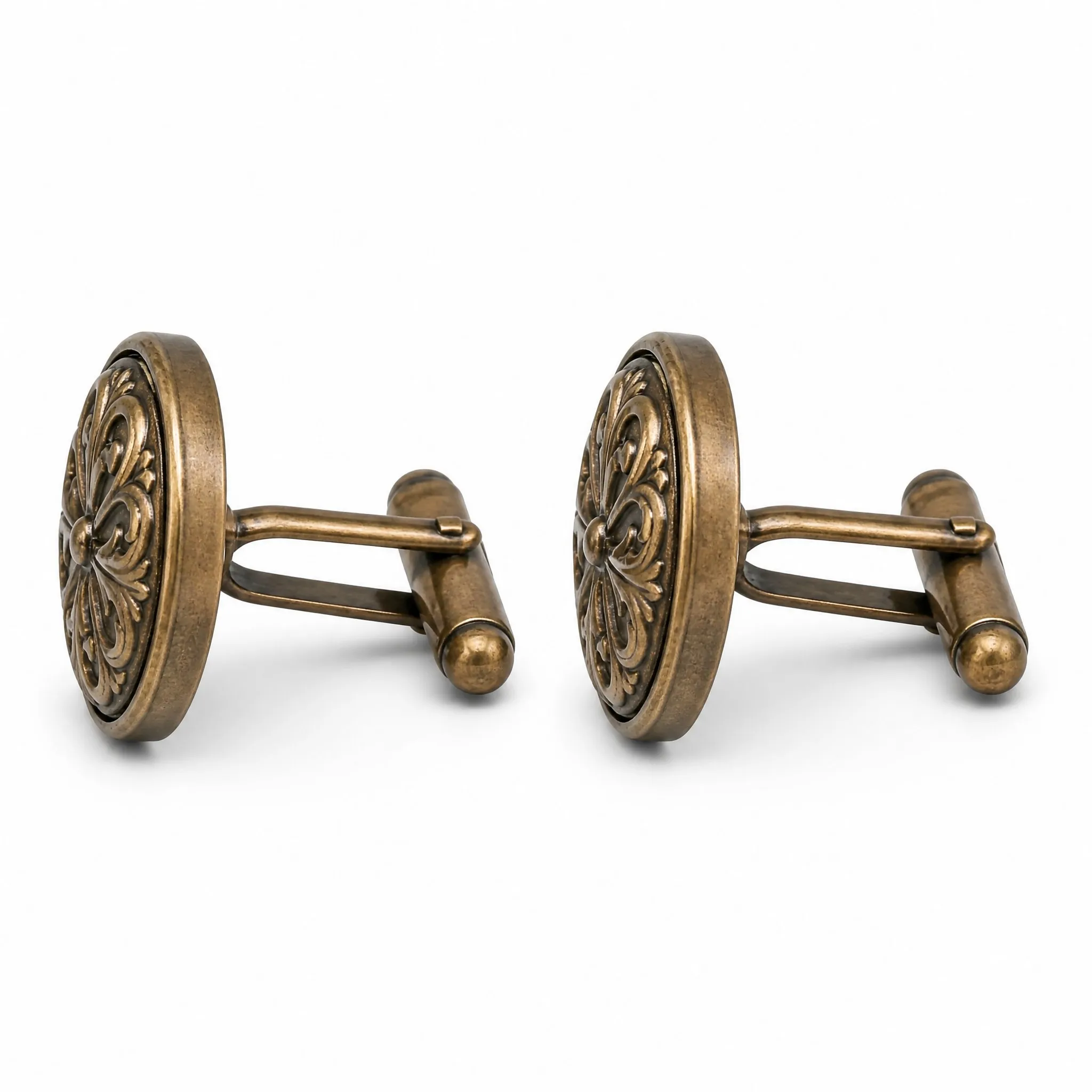 Vintage bronze cufflinks whale back side profile view