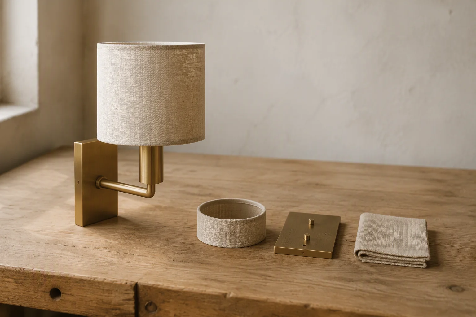 A brass hotel wall sconce with an off-white linen shade beside its loose shade ring, backplate and linen swatch