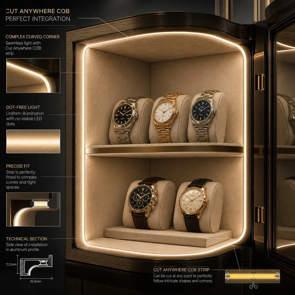 Cut Anywhere strip in luxury jewellery display cabinet lighting