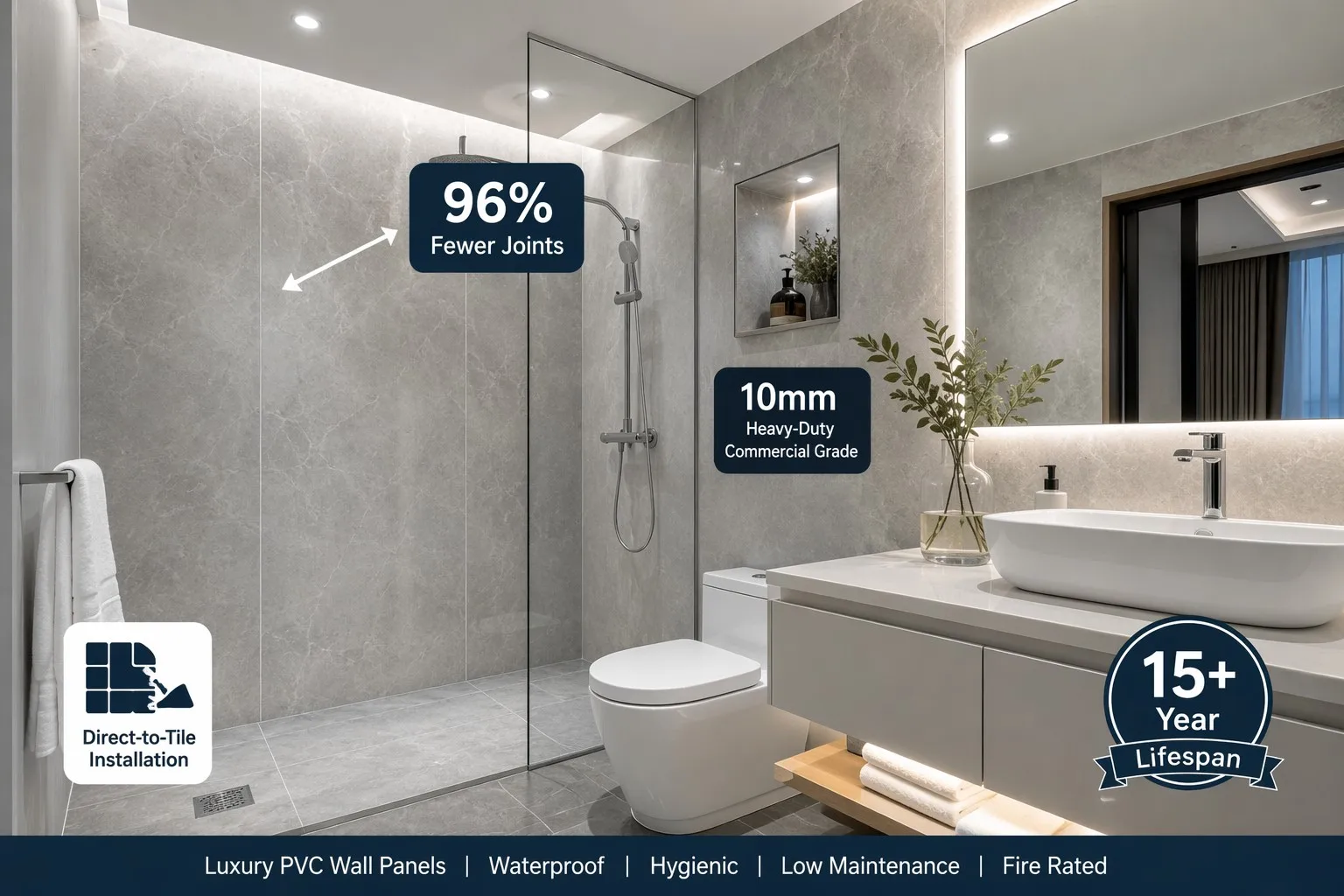 productcate-1200-800 Luxury hotel bathroom with Eastopo 1000mm wide PVC shower wall panels installed — 96% fewer joints than standard 250mm panels