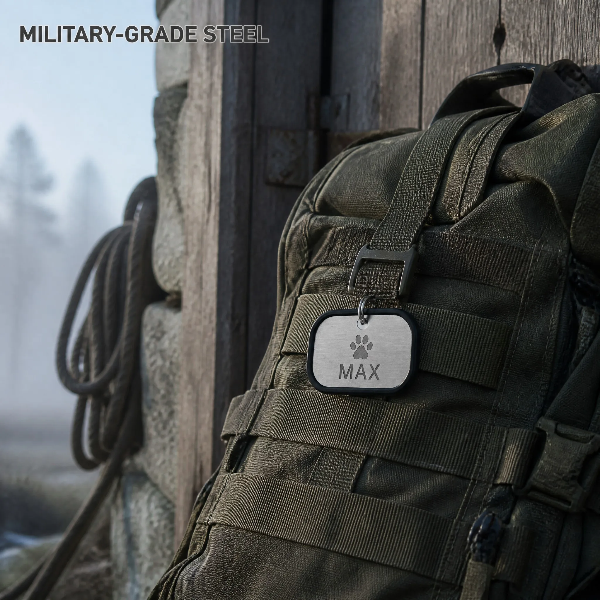 Dog tag clipped to a tactical backpack - outdoor use